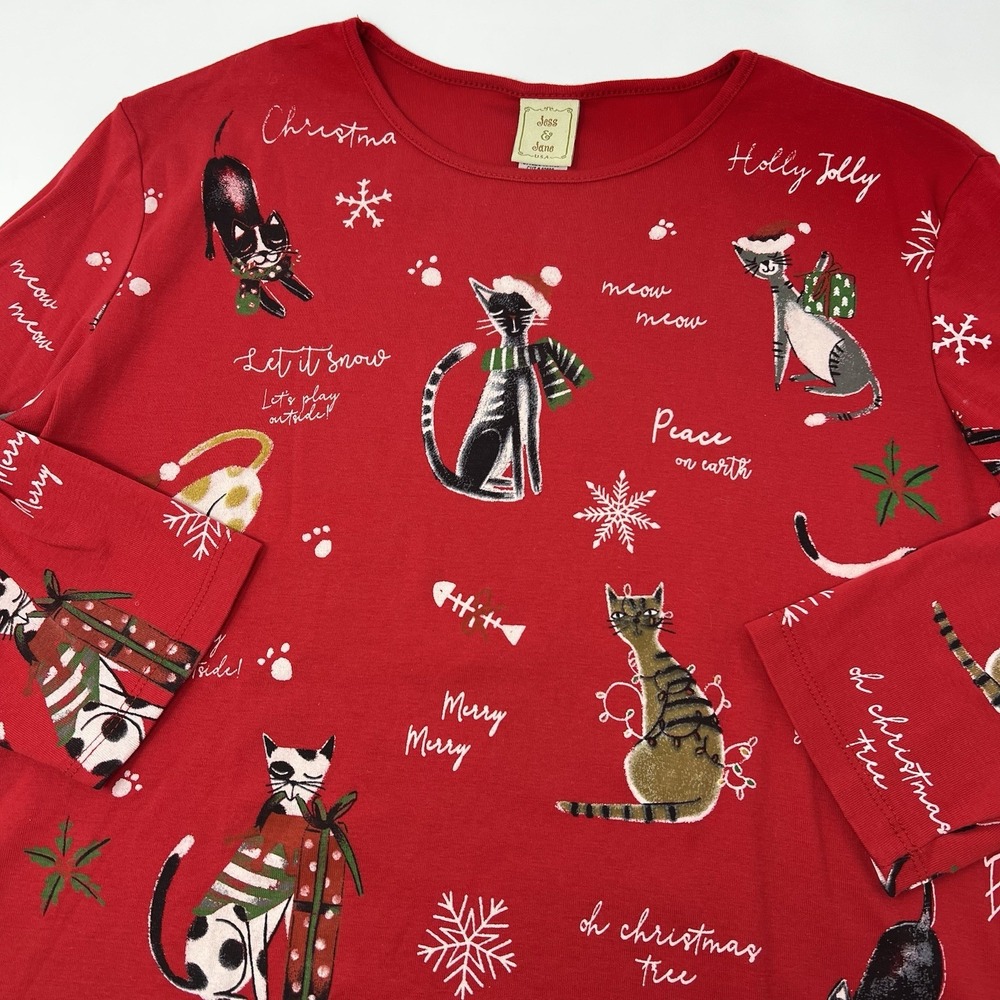 Jess &‎ Jane Meow Cats Christmas Holiday 3/4 Sleeve Top Red Size XL